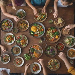 Front view of a diverse group of vegetarians joyfully eating a feast of colorful, plant-based dishes around a rustic wooden table