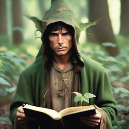 A raw photograph of Tom Cruise depicted as an elf wizard with big pointy elf ears who studies plants