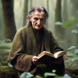 A raw photograph of Liam Neeson depicted as an old elf wizard with big pointy elf ears who studies plants