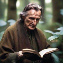 A raw photograph of Liam Neeson depicted as an old elf wizard with big pointy elf ears who studies plants