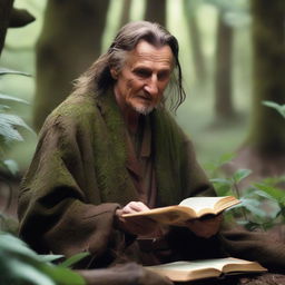 A raw photograph of Liam Neeson depicted as an old elf wizard with big pointy elf ears who studies plants