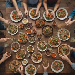 Front view of a diverse group of vegetarians joyfully eating a feast of colorful, plant-based dishes around a rustic wooden table