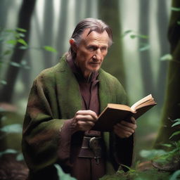 A raw photograph of Liam Neeson depicted as an old elf wizard with big pointy elf ears who studies plants