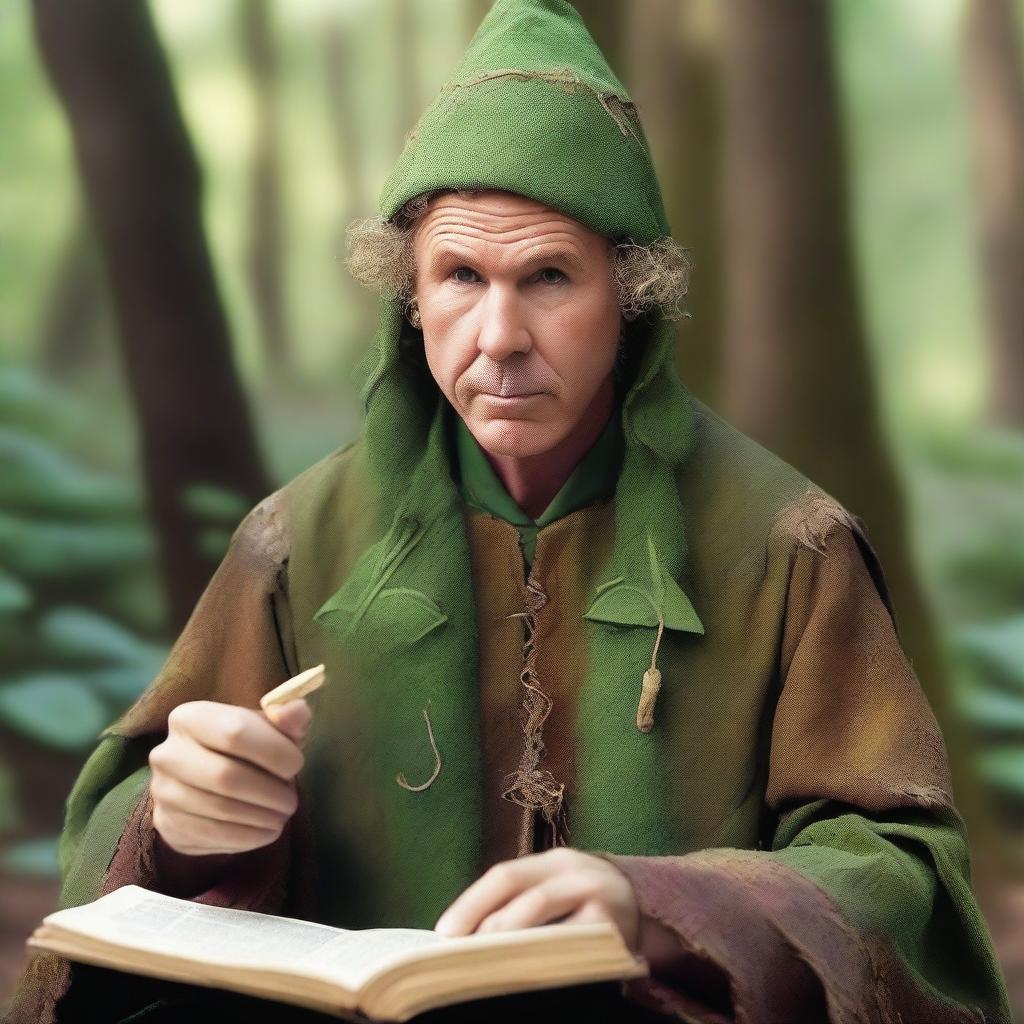 A raw photograph of Will Ferrell depicted as an elf wizard with big pointy elf ears who studies plants