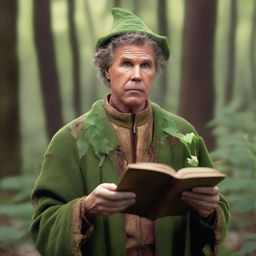 A raw photograph of Will Ferrell depicted as an elf wizard with big pointy elf ears who studies plants