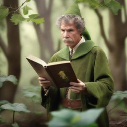 A raw photograph of Will Ferrell depicted as an elf wizard with big pointy elf ears who studies plants