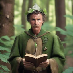 A raw photograph of Will Ferrell depicted as an elf wizard with big pointy elf ears who studies plants