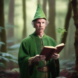 A raw photograph of Will Ferrell depicted as an elf wizard with big pointy elf ears who studies plants