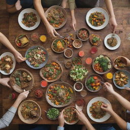 Front view of a diverse group of vegetarians joyfully eating a feast of colorful, plant-based dishes around a rustic wooden table