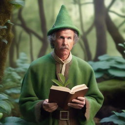 A raw photograph of Will Ferrell depicted as an elf wizard with big pointy elf ears who studies plants