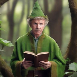 A raw photograph of Will Ferrell depicted as an elf wizard with big pointy elf ears who studies plants