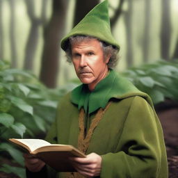 A raw photograph of Will Ferrell depicted as an elf wizard with big pointy elf ears who studies plants