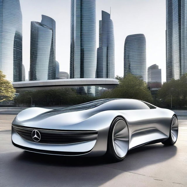 A futuristic 2025 model Mercedes-Benz car, featuring sleek aerodynamic design, advanced technology, and luxurious interior