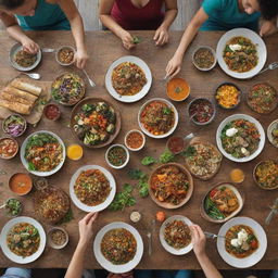 Front view of a diverse group of vegetarians joyfully eating a feast of colorful, plant-based dishes around a rustic wooden table