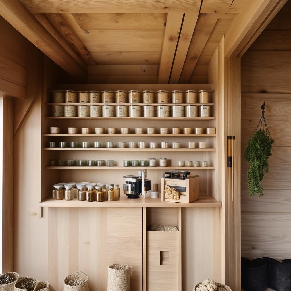 A 7m long, 2.5m wide herb and nut shop with a woody design. There's a peanut butter-making machine, wooden jars, and herbs stored in a closet divided into boxes.