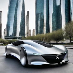 A futuristic 2025 model Mercedes-Benz car, featuring sleek aerodynamic design, advanced technology, and luxurious interior