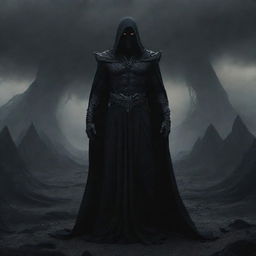 God of shadows, draped in inky blackness, with a vast, formidable army of shadow entities trailing behind him, against the backdrop of a desolate landscape.