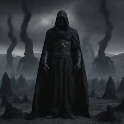 God of shadows, draped in inky blackness, with a vast, formidable army of shadow entities trailing behind him, against the backdrop of a desolate landscape.