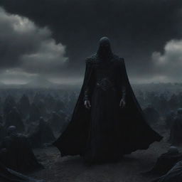 God of shadows, draped in inky blackness, with a vast, formidable army of shadow entities trailing behind him, against the backdrop of a desolate landscape.