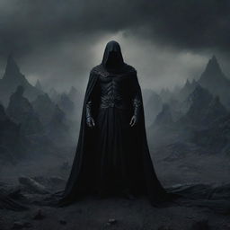 God of shadows, draped in inky blackness, with a vast, formidable army of shadow entities trailing behind him, against the backdrop of a desolate landscape.