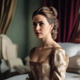 A beautiful woman in a bedroom, wearing a royal dress with a contemptuous look and an arrogant, serious expression