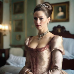 A beautiful woman in a bedroom, wearing a royal dress with a contemptuous look and an arrogant, serious expression