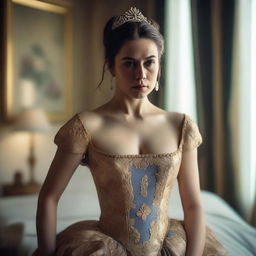 A beautiful woman in a bedroom, wearing a royal dress with a contemptuous look and an arrogant, serious expression