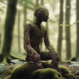 A humanoid automaton made of iron, sitting in the woods for years, covered in moss