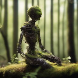 A humanoid automaton made of iron, sitting in the woods for years, covered in moss