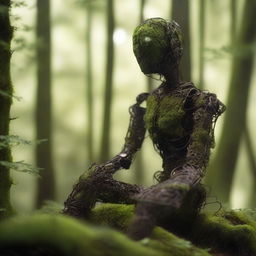 A humanoid automaton made of iron, sitting in the woods for years, covered in moss