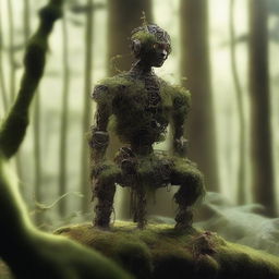 A humanoid automaton made of iron, sitting in the woods for years, covered in moss