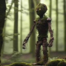 A humanoid automaton made of iron that has been sitting in the woods for years, covered in moss