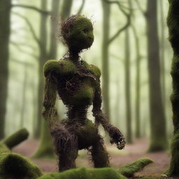 A humanoid automaton made of iron that has been sitting in the woods for years, covered in moss