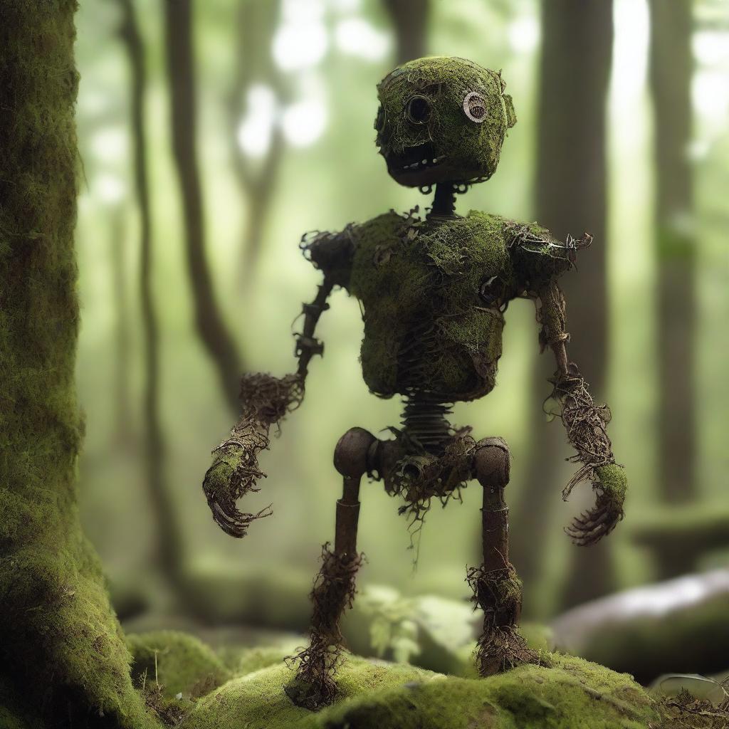 A humanoid automaton made of iron that has been sitting in the woods for years, covered in moss