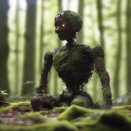 A humanoid automaton made of iron that has been sitting in the woods for years, covered in moss