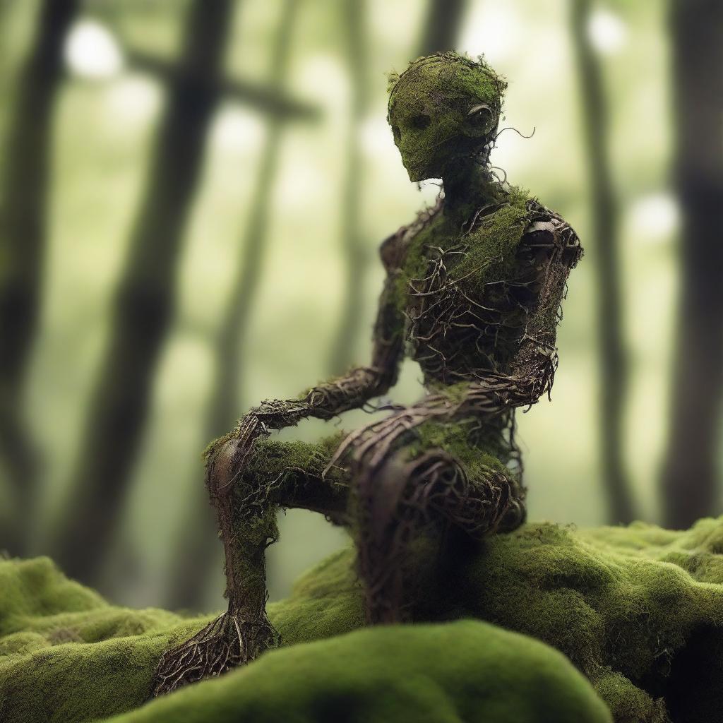 A humanoid automaton made of iron, sitting for years and covered in moss