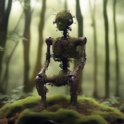 A humanoid automaton made of iron, sitting for years and covered in moss