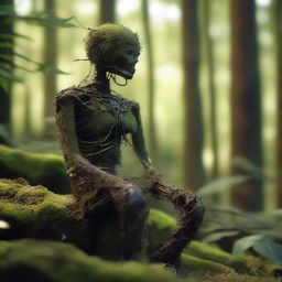 A humanoid automaton made of iron, sitting for years and covered in moss