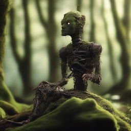 A humanoid automaton made of iron, sitting for years and covered in moss