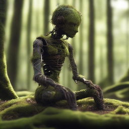 A humanoid automaton made of iron, sitting for years and covered in moss