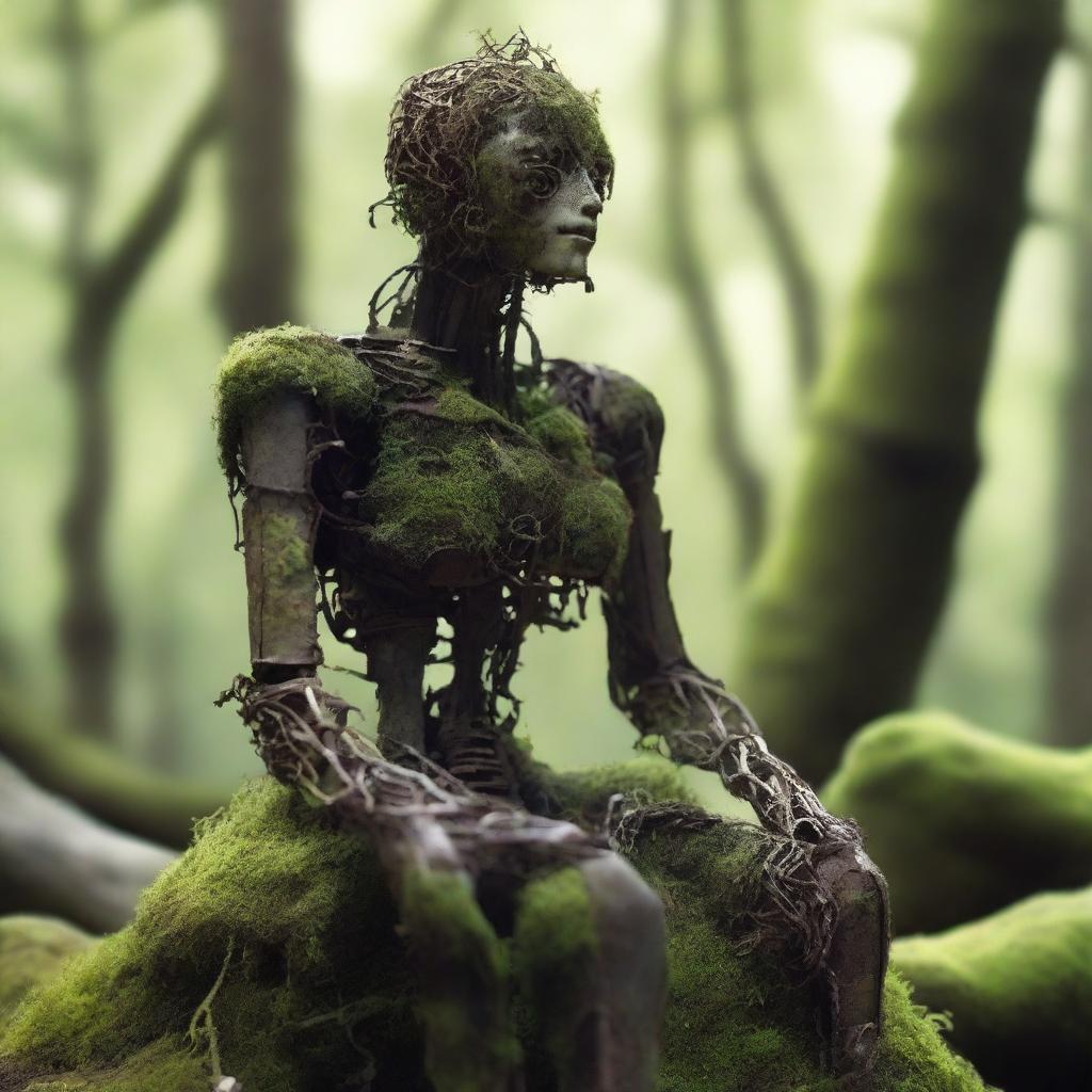 A humanoid automaton made of iron, sitting for years and covered in moss