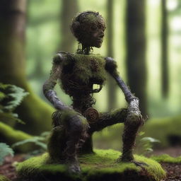 A humanoid automaton made of iron, sitting for years and covered in moss