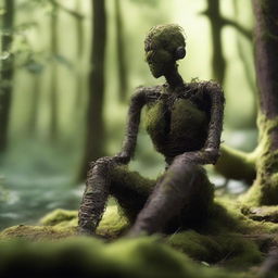 A humanoid automaton made of iron, sitting for years and covered in moss