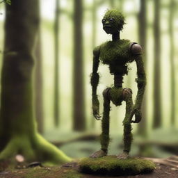 A humanoid automaton made of oxidized iron, covered in moss