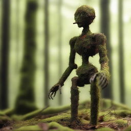 A humanoid automaton made of oxidized iron, covered in moss