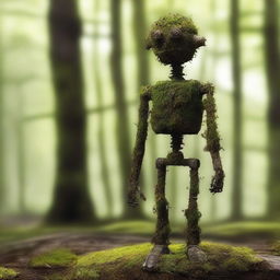 A humanoid automaton made of oxidized iron, covered in moss