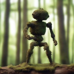 A humanoid automaton made of oxidized iron, covered in moss