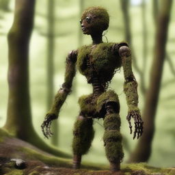 A humanoid automaton made of oxidized iron and covered in moss