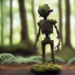 A humanoid automaton made of oxidized iron and covered in moss