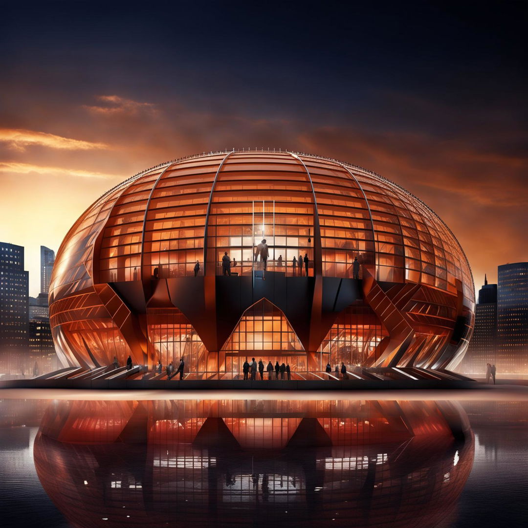 A sports stadium inspired by basketball with an orange exterior and black lines forming patterns like seams. The entrance is shaped like a hoop and windows follow patterns of lines on a ball. At night, it glows from within following these patterns. Inside, basketball players are in action.